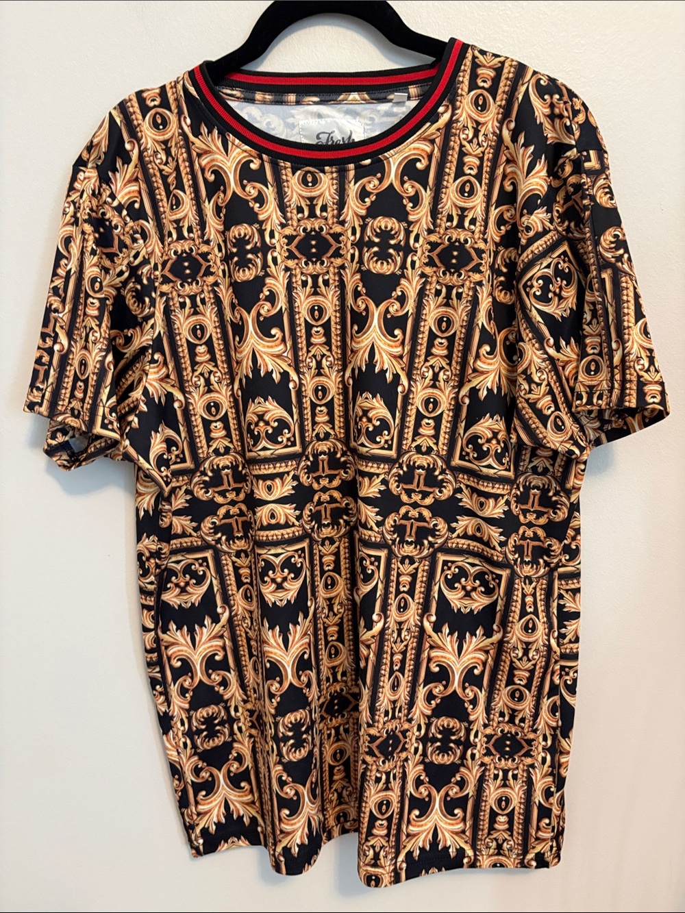 Fresh Prince of Bel-Air Black and Gold Baroque Short Sleeve Tee with Red Trim